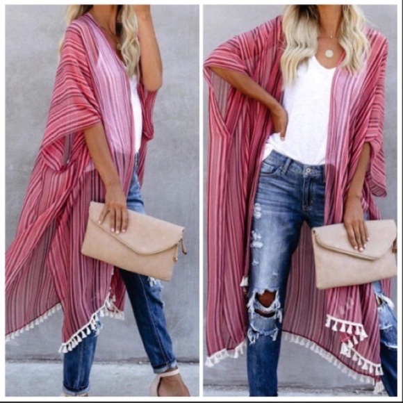 NEW‼️MAROON PINK Striped Tassel beach- Kimono - Picture 2 of 5